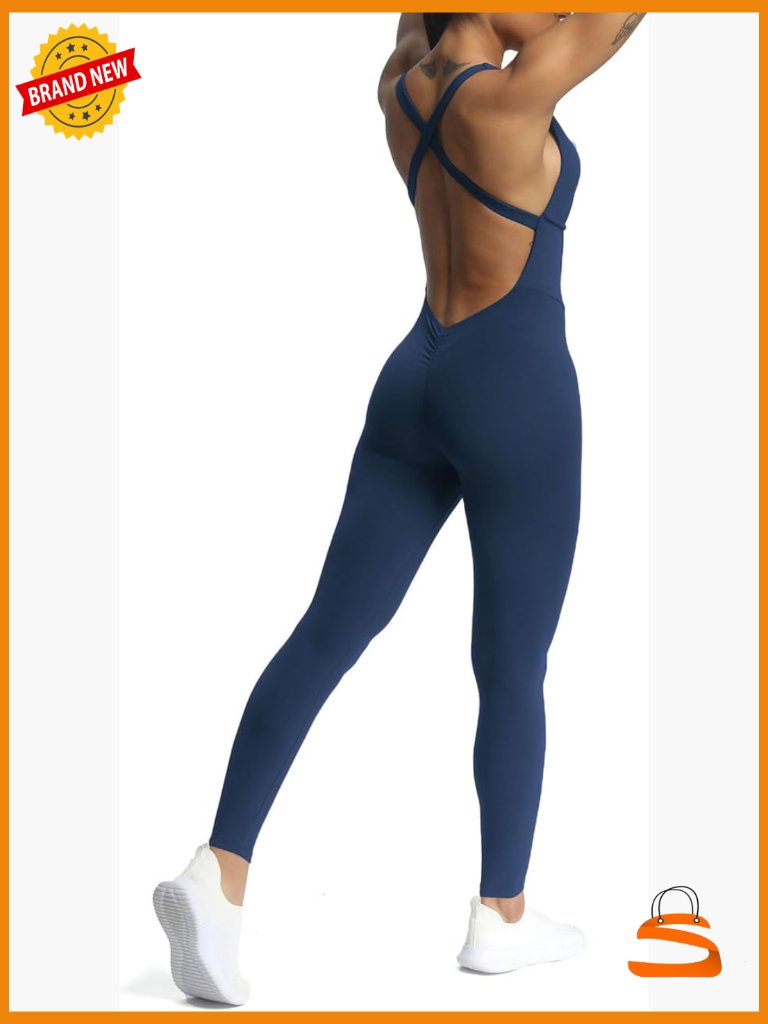 Cross Back Scrunch Gym Jumpsuit, Padded Sports Bra Romper, Breathable Stretch